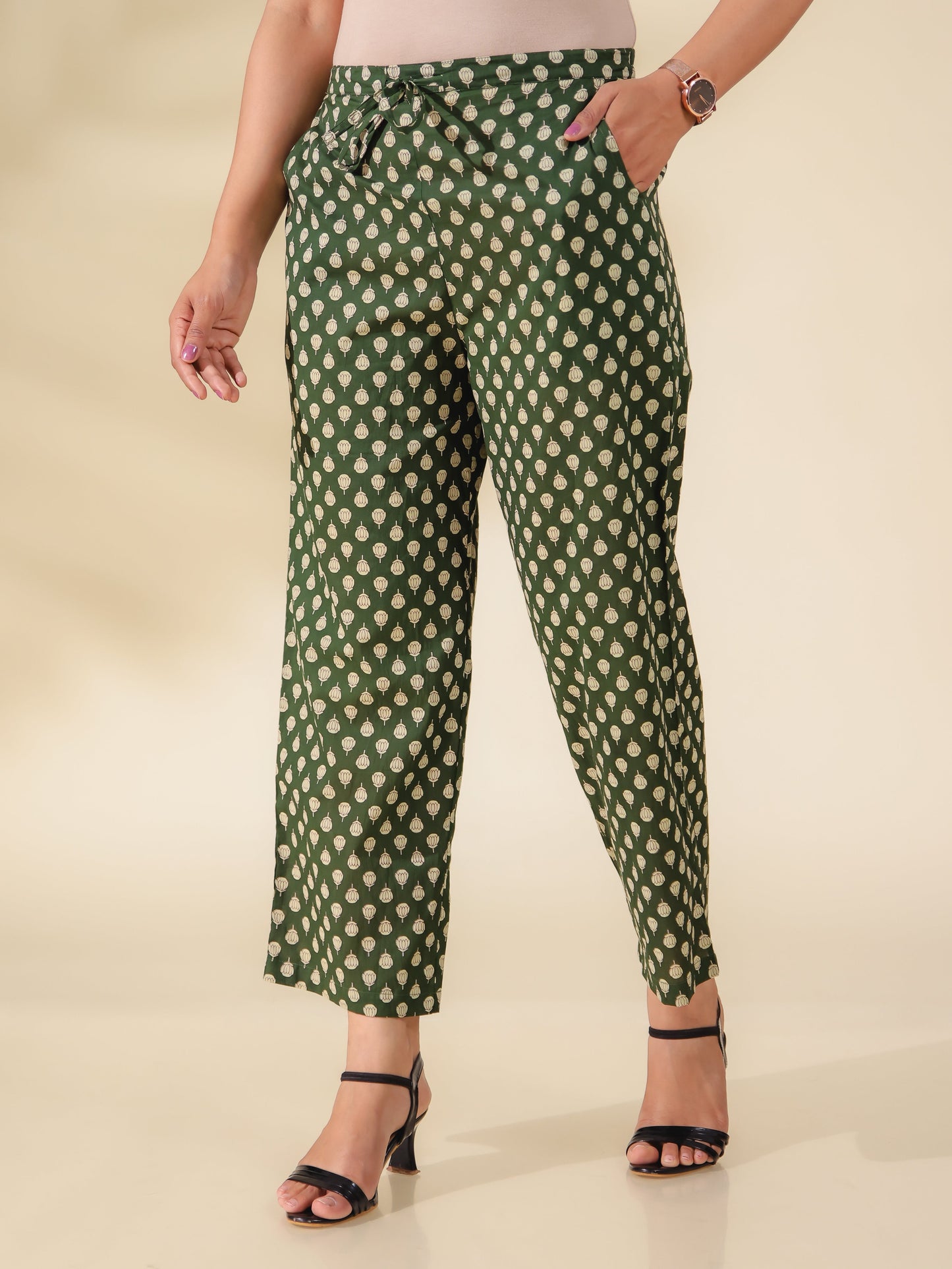 Soft Cotton Block Print Green Straight Trousers