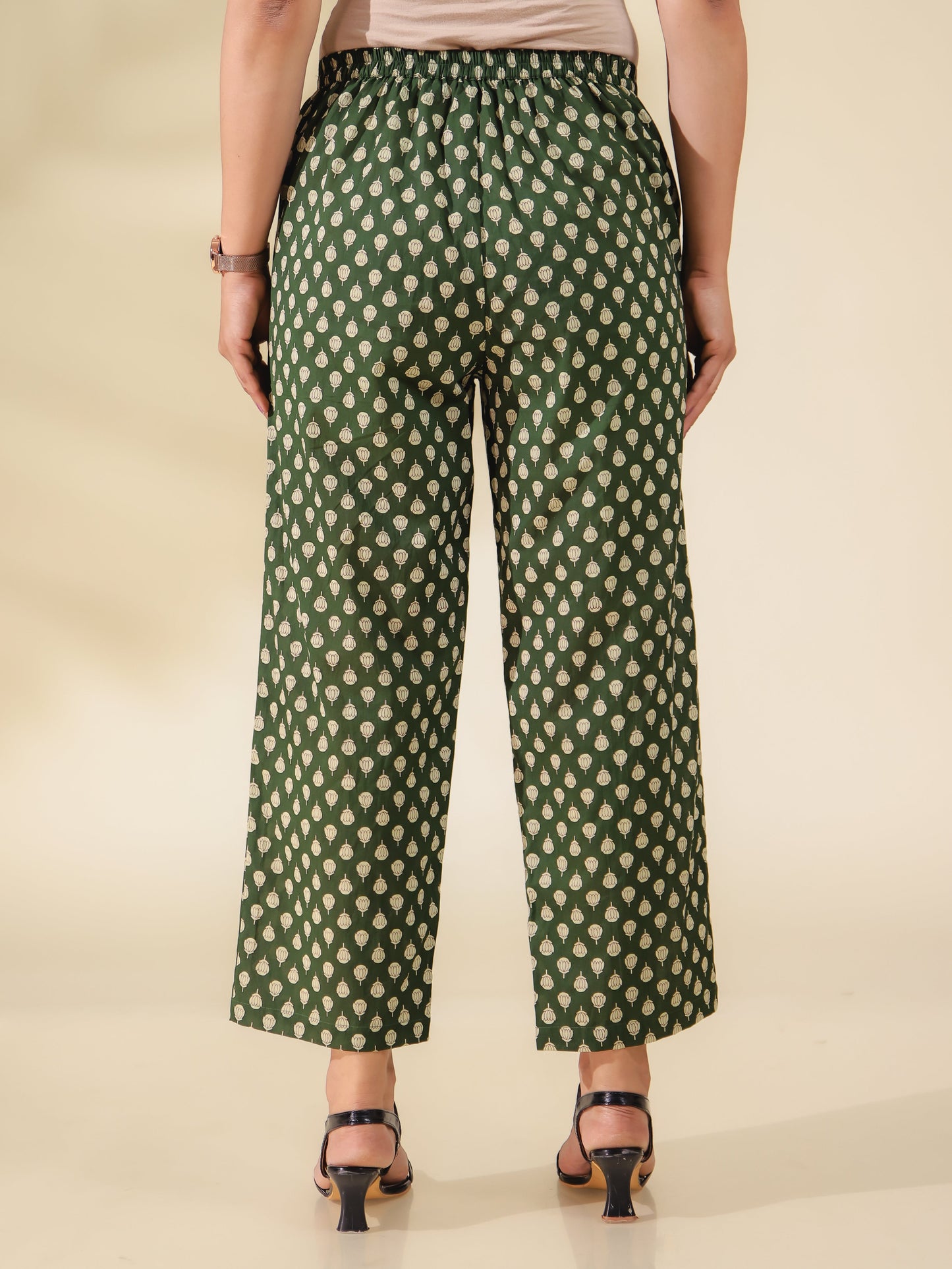 Soft Cotton Block Print Green Straight Trousers