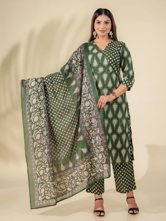 Cotton Voile Block Print Green Dupatta