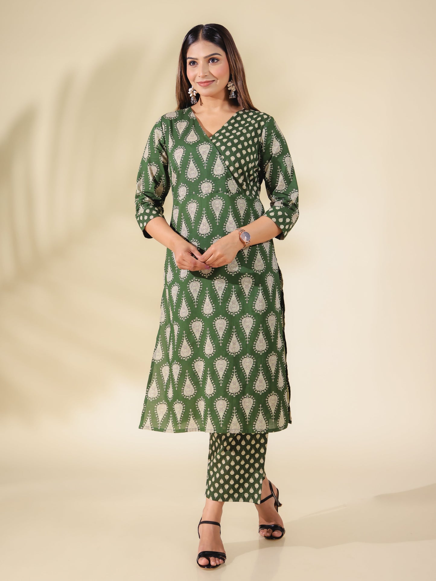 Soft Cotton Block Print Angrakha Green Kurta