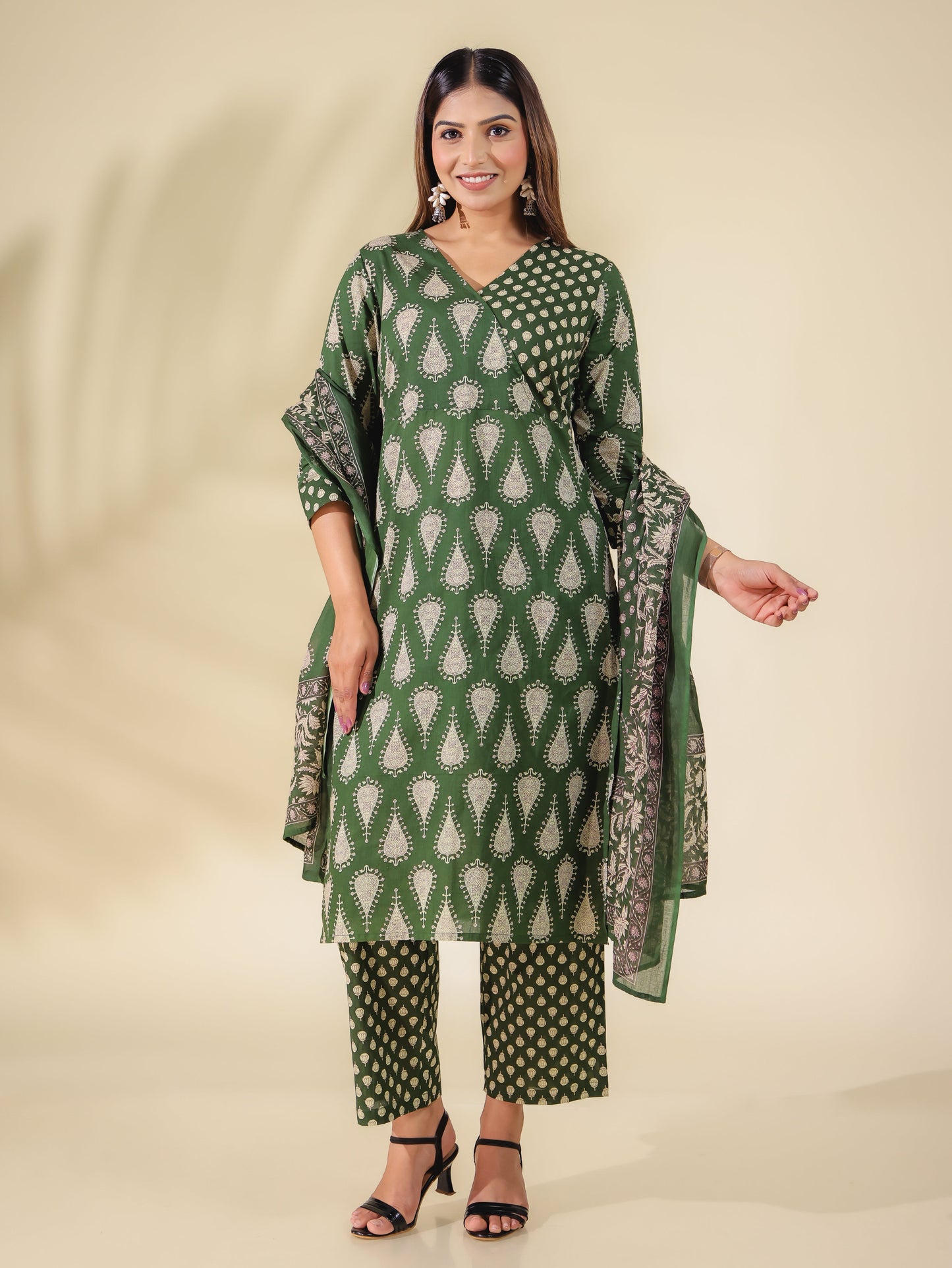 Soft Cotton Block Print Angrakha Green Kurta