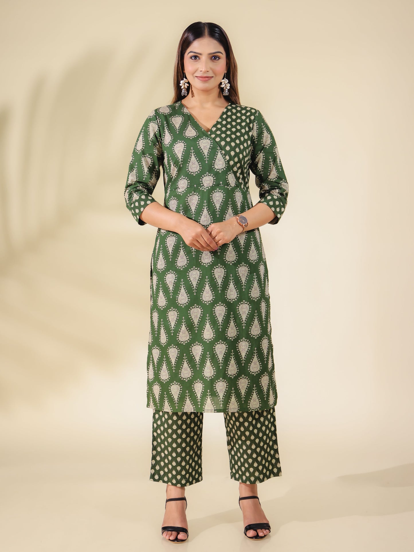 Soft Cotton Block Print Angrakha Green Kurta