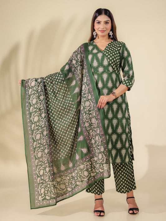 Soft Cotton Block Print Angrakha Green Kurta