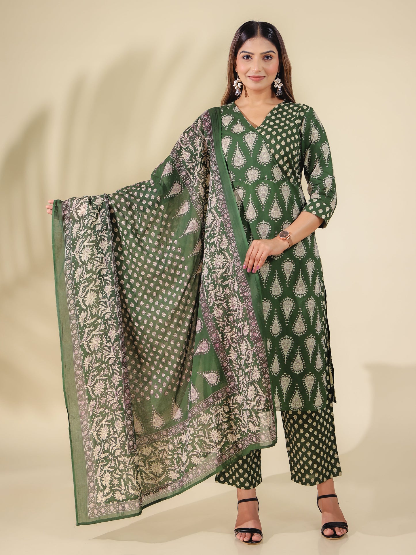 Soft Cotton Block Print Angrakha Green Kurta