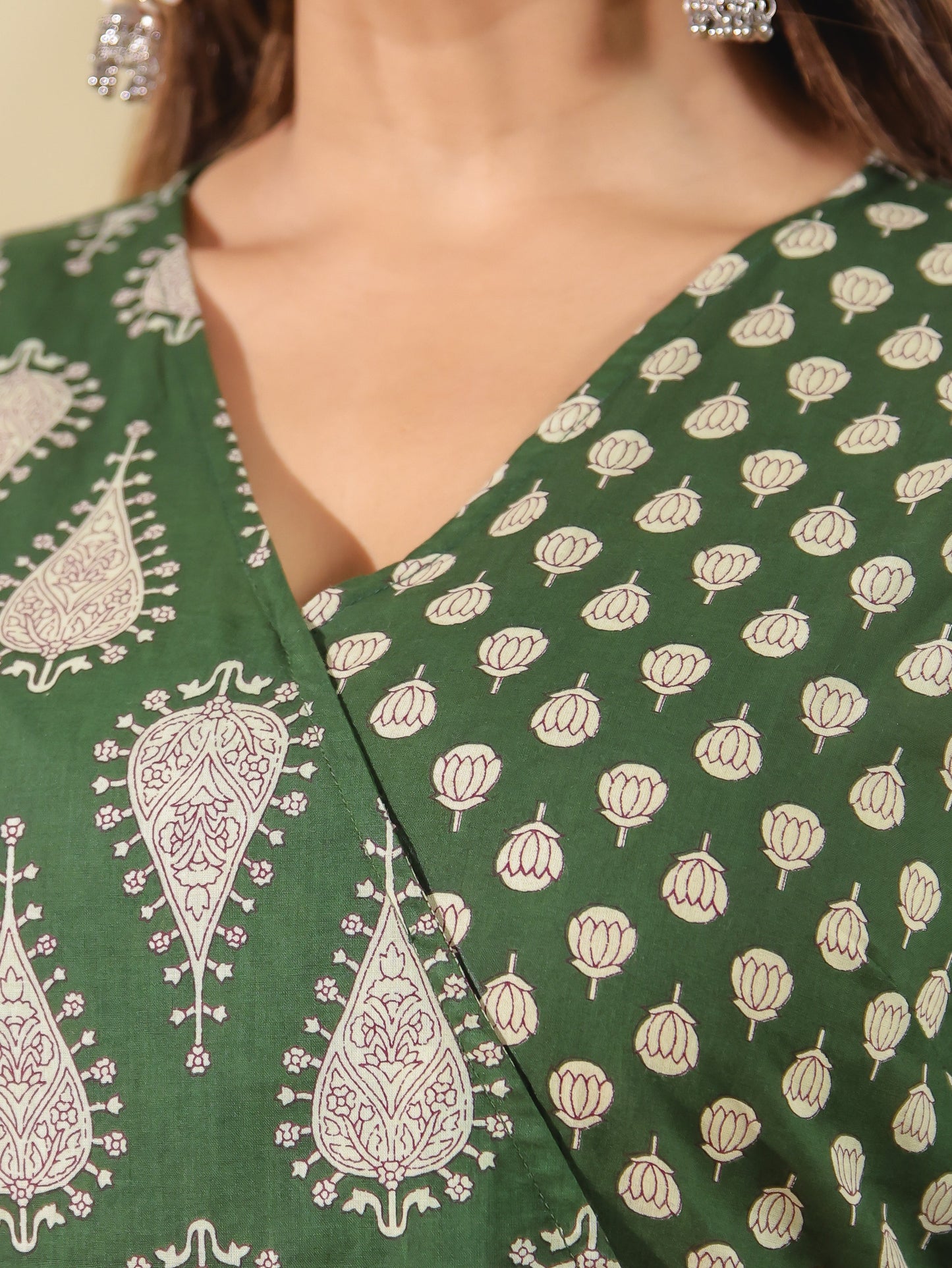 Soft Cotton Block Print Angrakha Green Kurta