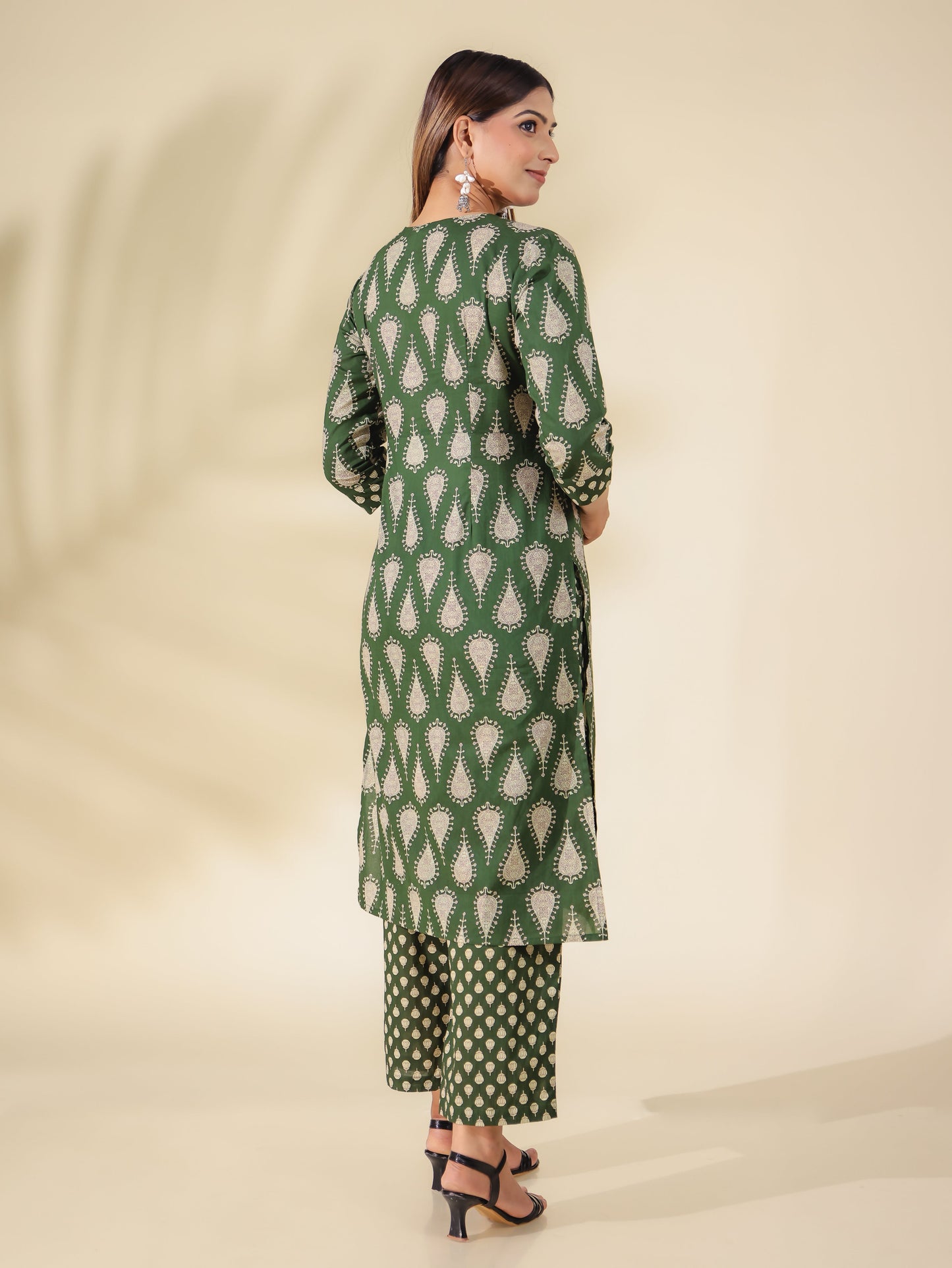 Soft Cotton Block Print Angrakha Green Kurta