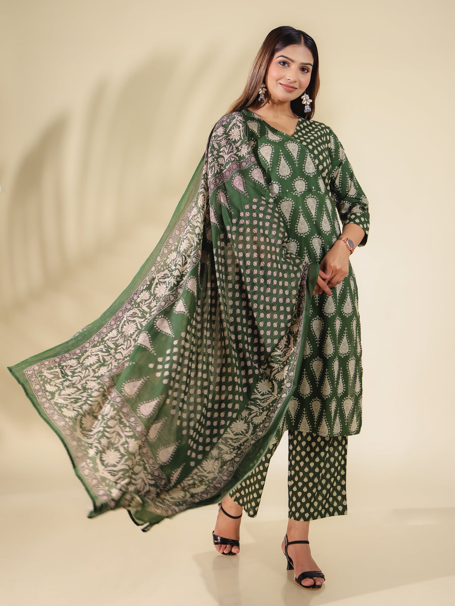 Soft Cotton Block Print Angrakha Green Kurta