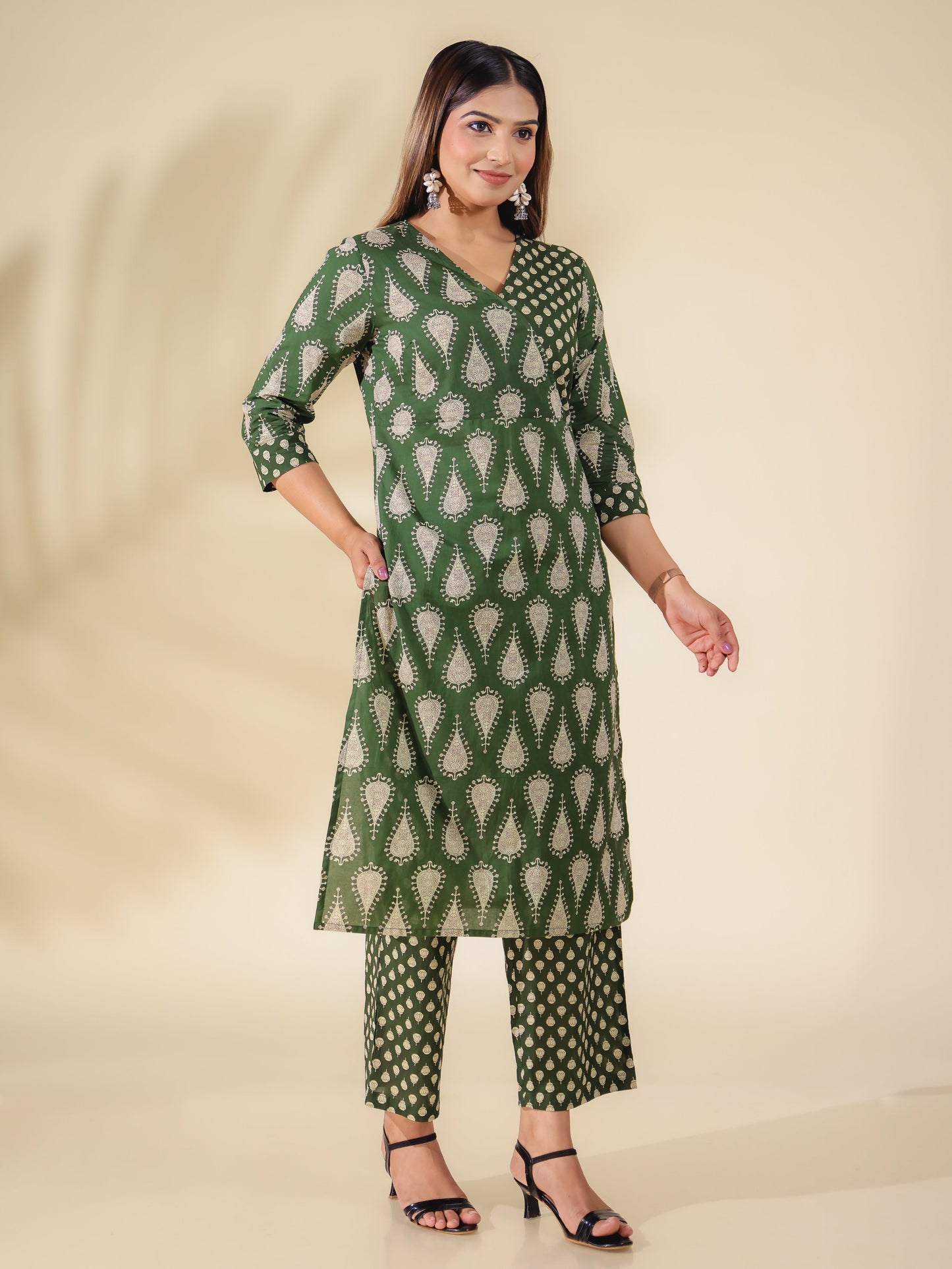 Soft Cotton Block Print Angrakha Green Kurta