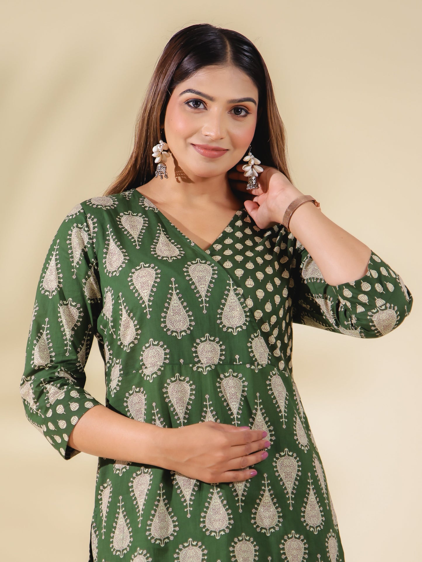 Soft Cotton Block Print Angrakha Green Kurta