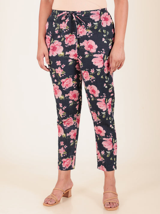 Kantha Cotton Floral Blue Tapered Trousers