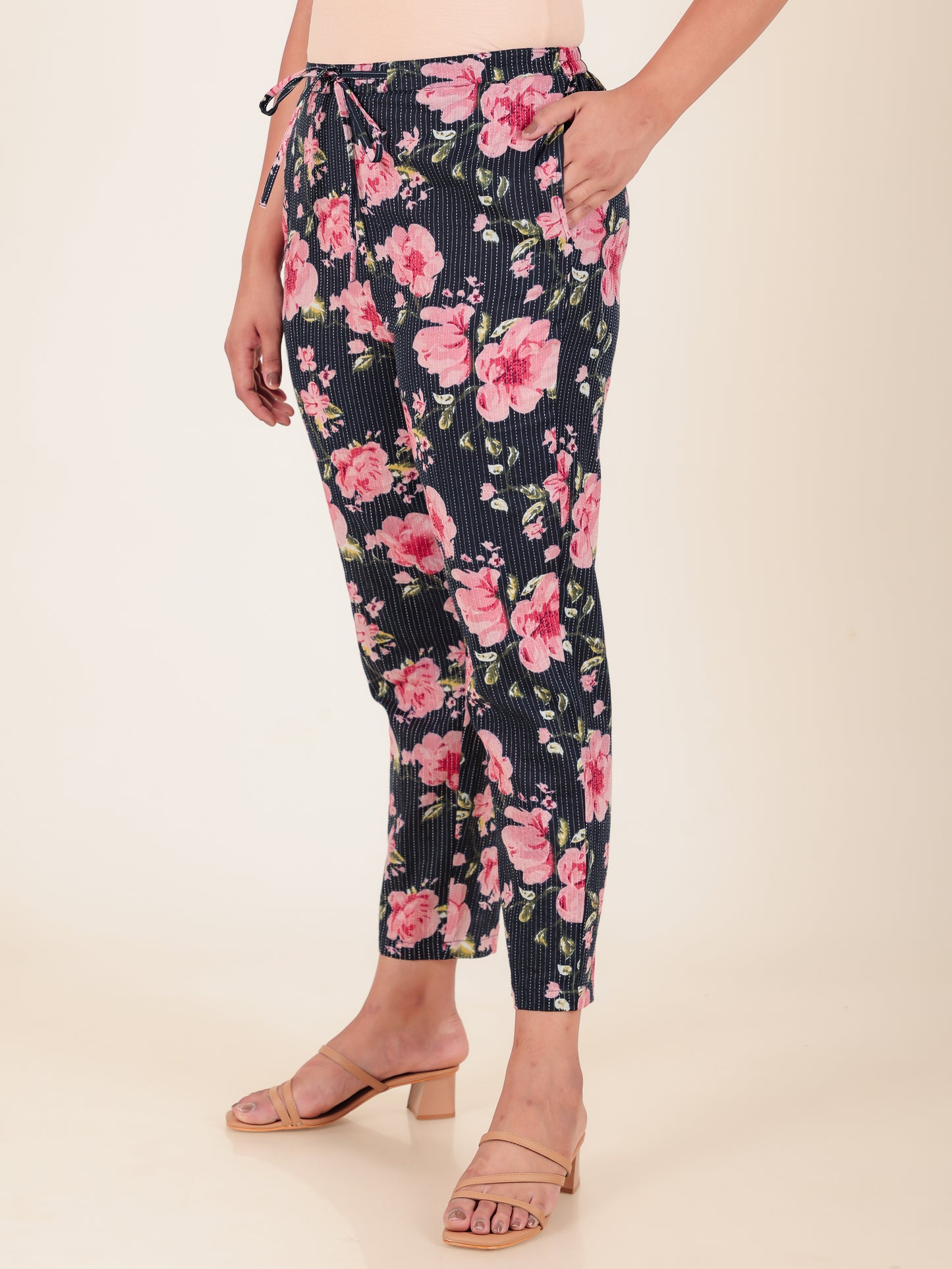 Kantha Cotton Floral Blue Tapered Trousers