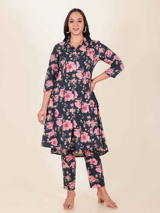 Kantha Cotton Floral High Low Blue Kurta
