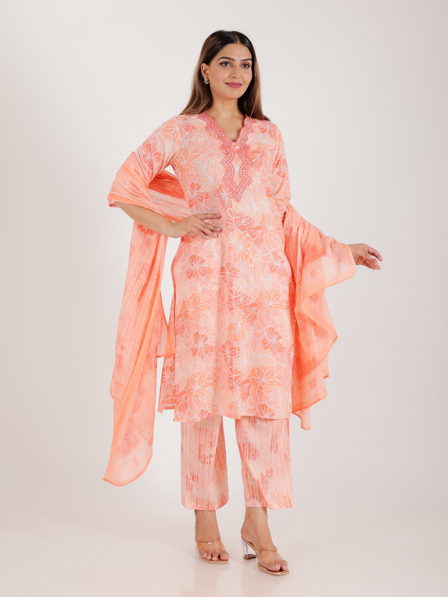 Soft Cotton Floral Straight Pink Kurta