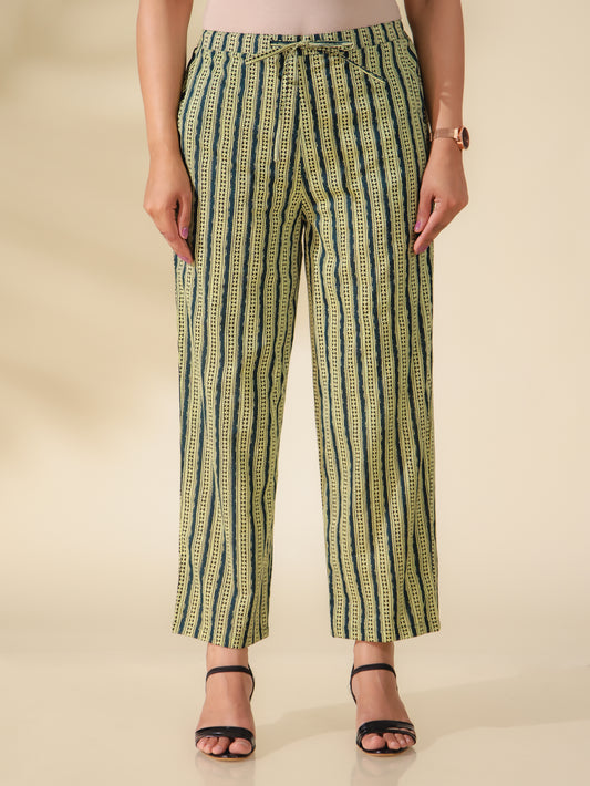 Soft Cotton Striped Green Straight Trousers