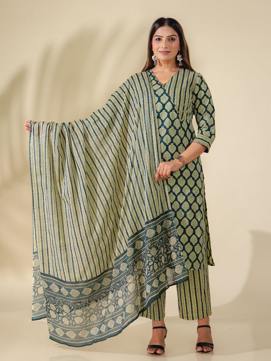 Soft Cotton Block Angrakha Green Kurta