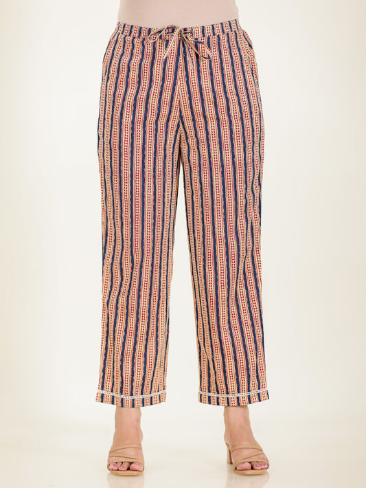 Soft Cotton Striped Blue Straight Trousers