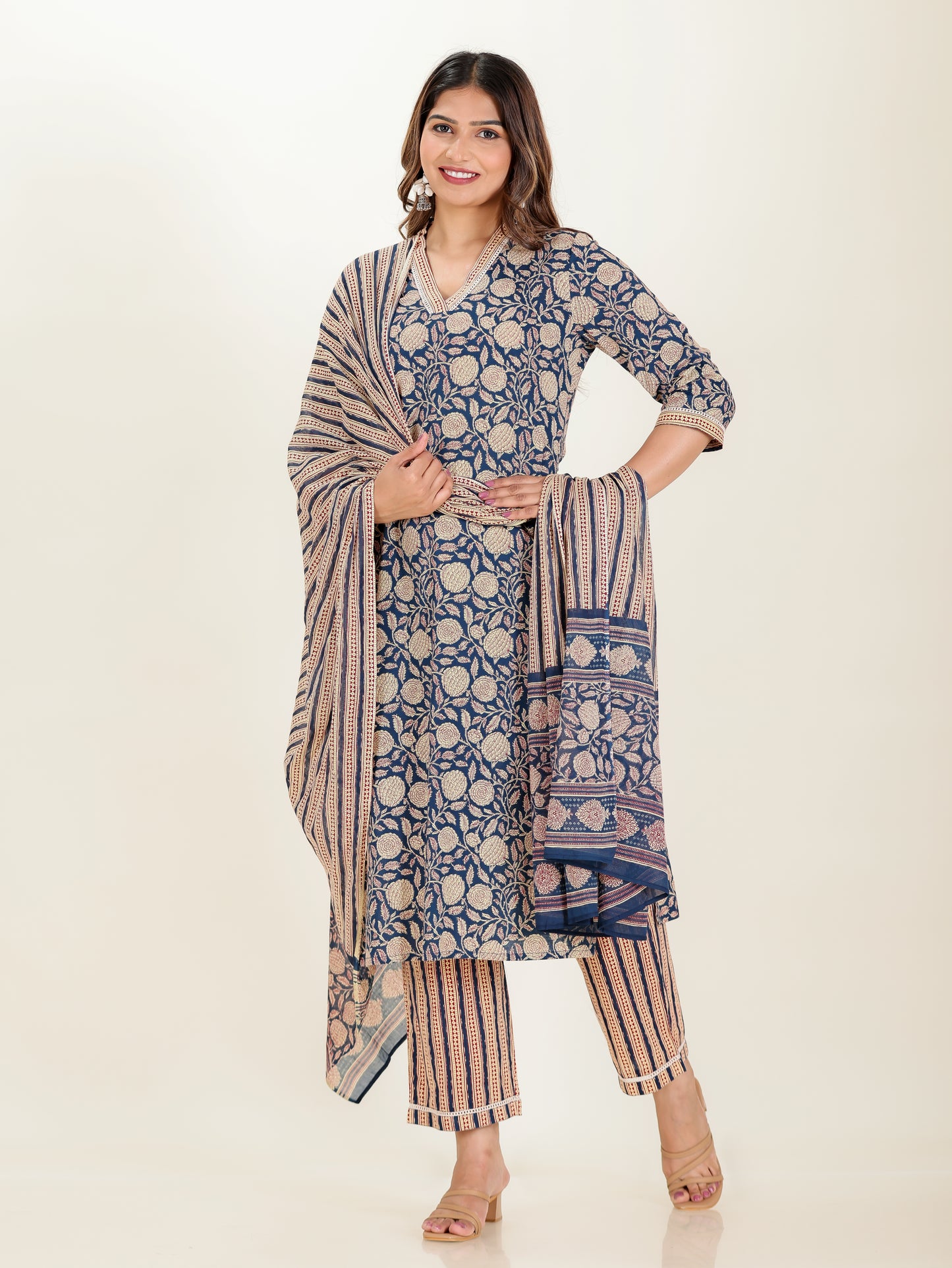 Soft Cotton Floral Straight Blue Kurta