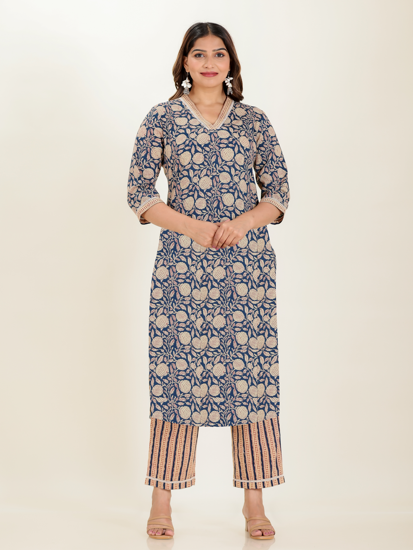 Soft Cotton Floral Straight Blue Kurta