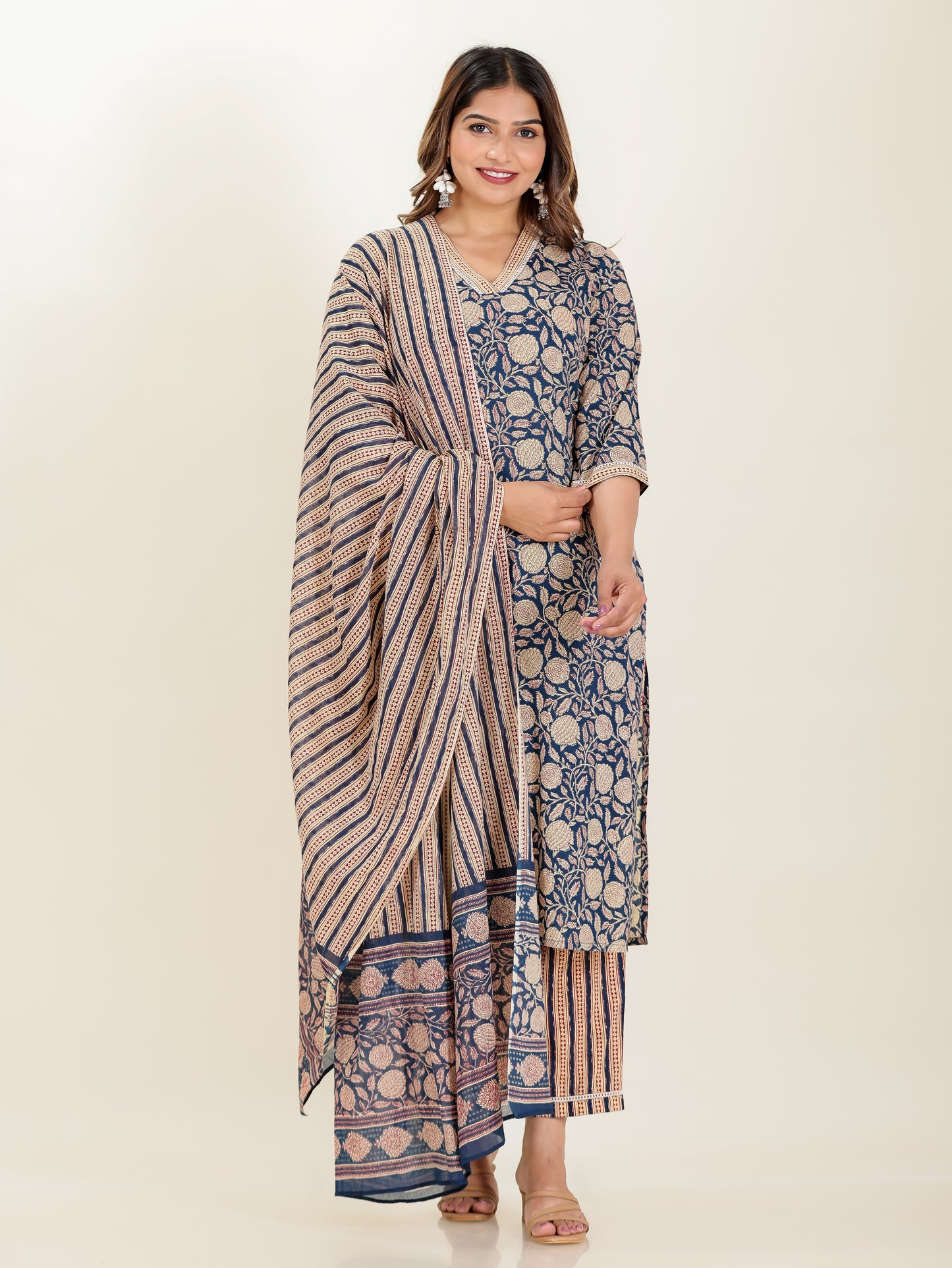 Soft Cotton Floral Straight Blue Kurta