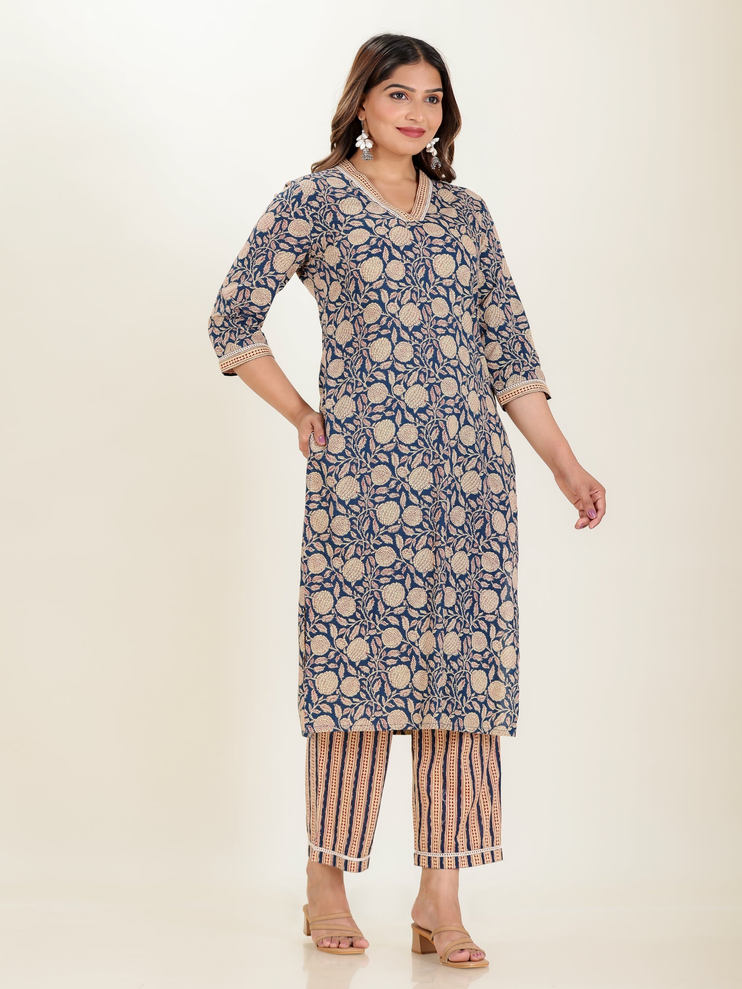 Soft Cotton Floral Straight Blue Kurta