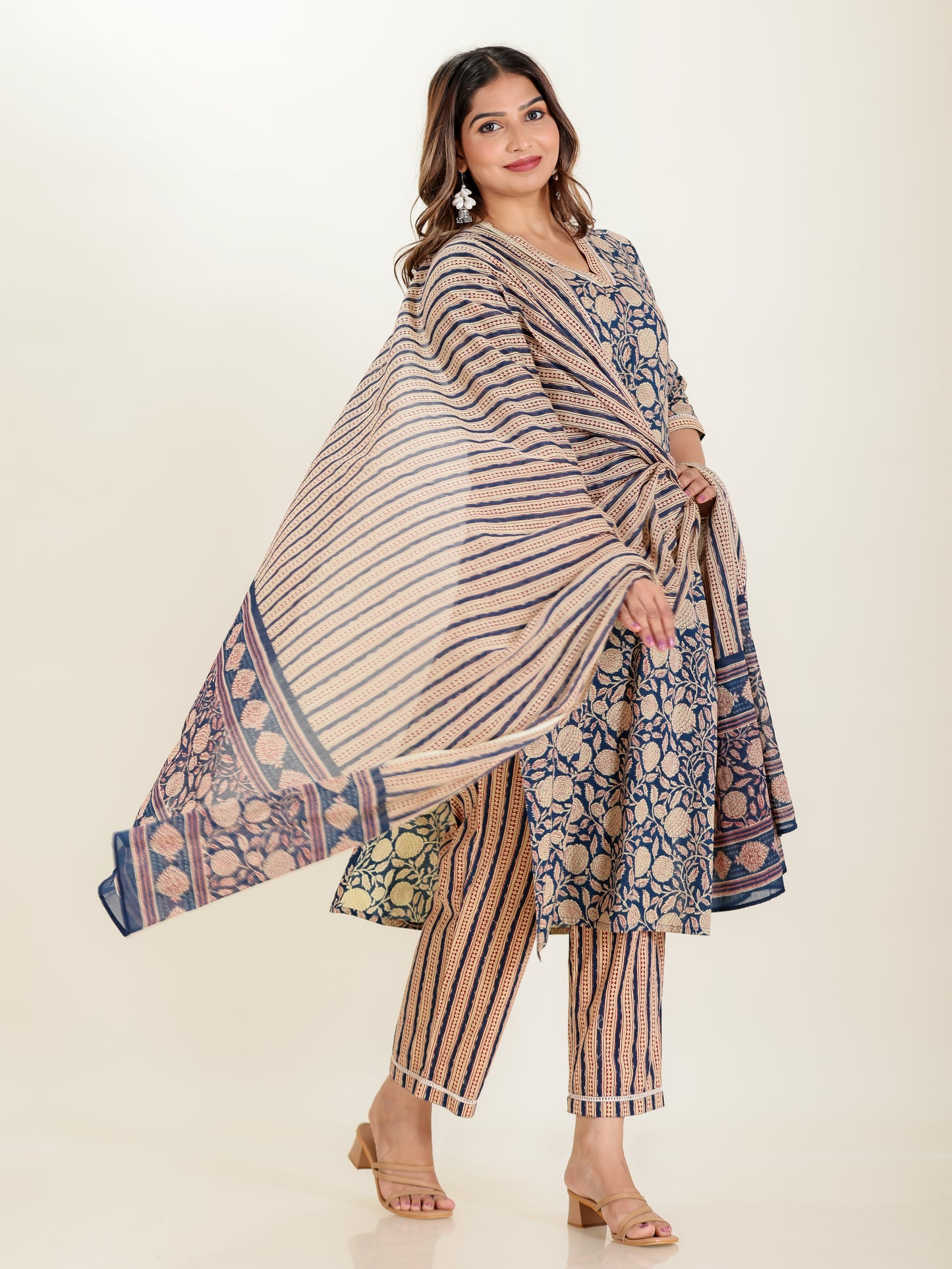 Soft Cotton Floral Straight Blue Kurta