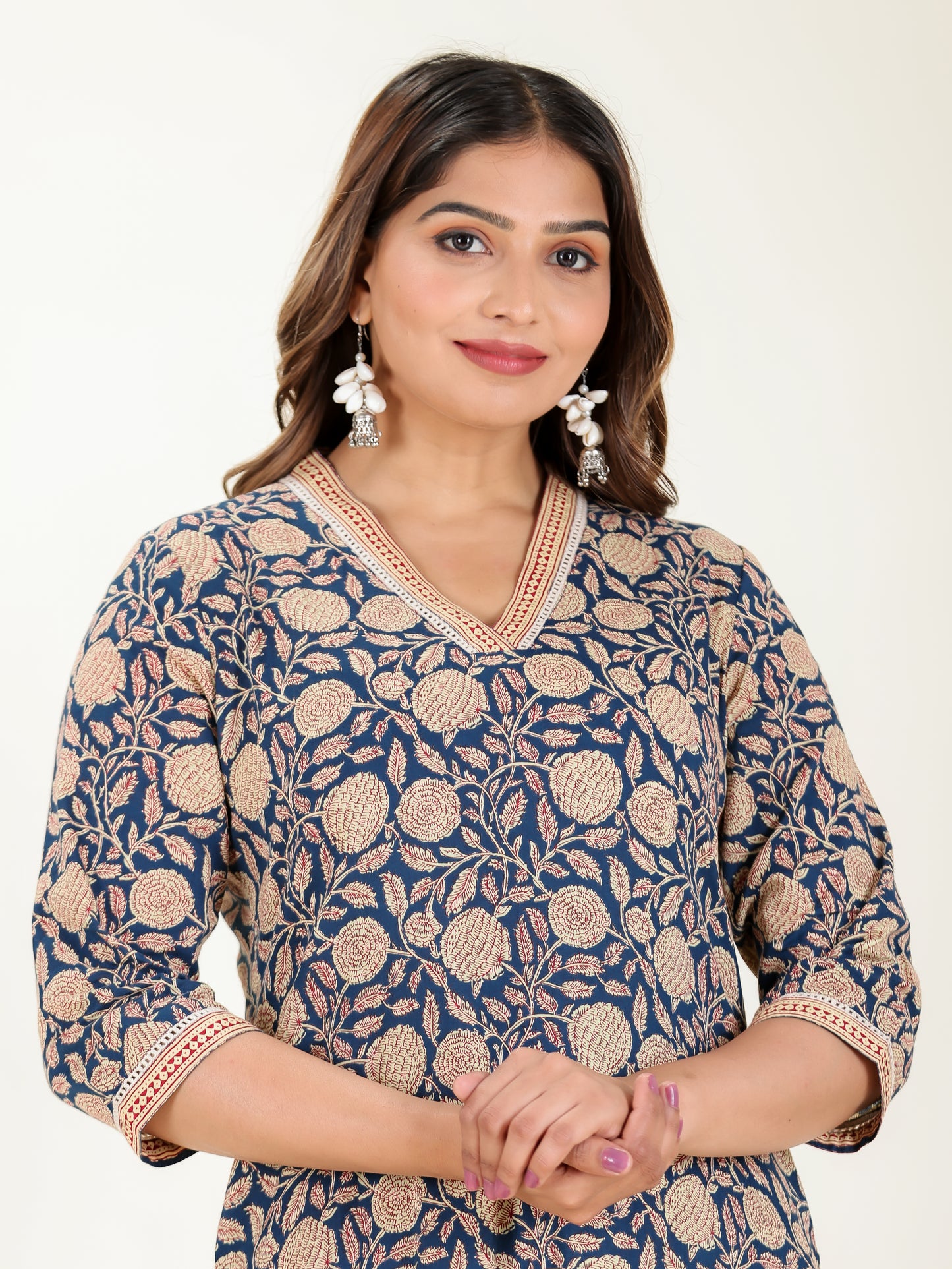 Soft Cotton Floral Straight Blue Kurta
