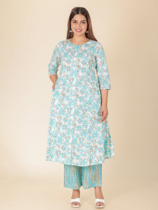 Soft Cotton Geometric A-line Turquoise Kurta