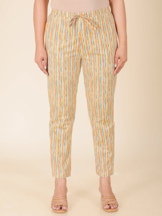 Soft Cotton Striped Yellow Tapered Trousers