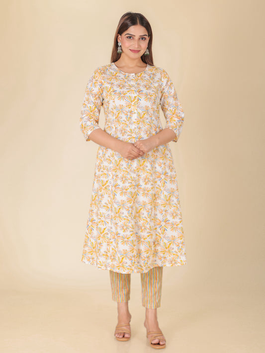Soft Cotton Abstract A-line Yellow Kurta