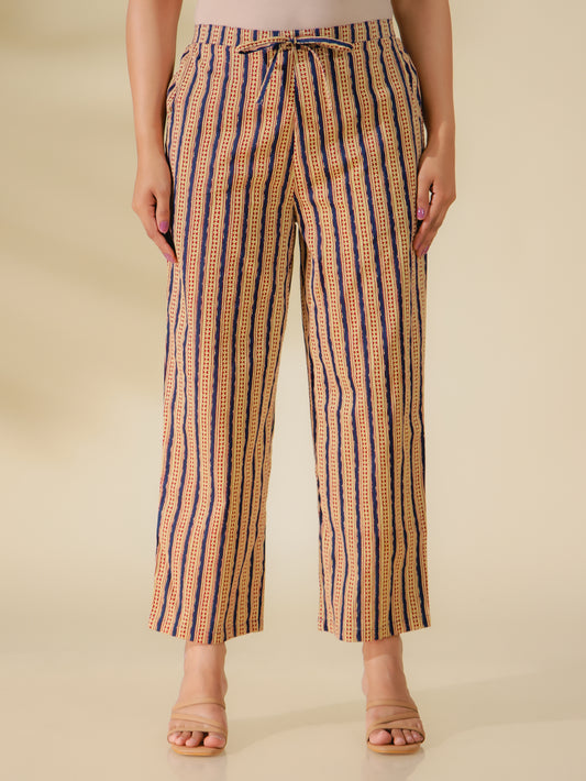 Soft Cotton Striped Blue Straight Trousers