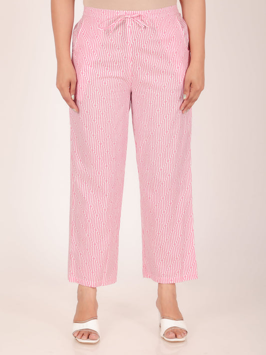 Soft Cotton Geometric Pink Straight Trousers