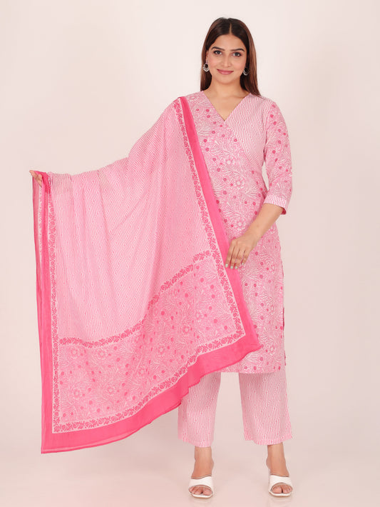 Soft Cotton Floral Angrakha Pink Kurta