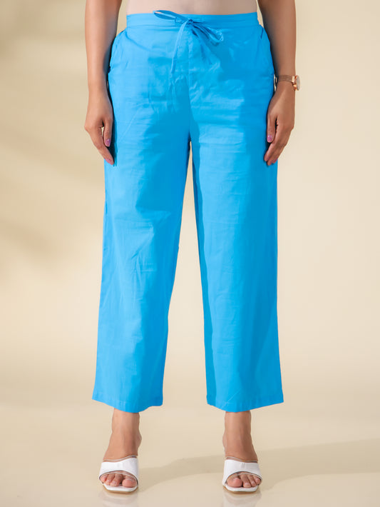 Soft Cotton Solid Blue Straight Trousers