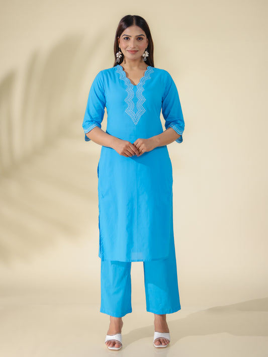 Soft Cotton Solid Straight Blue Kurta