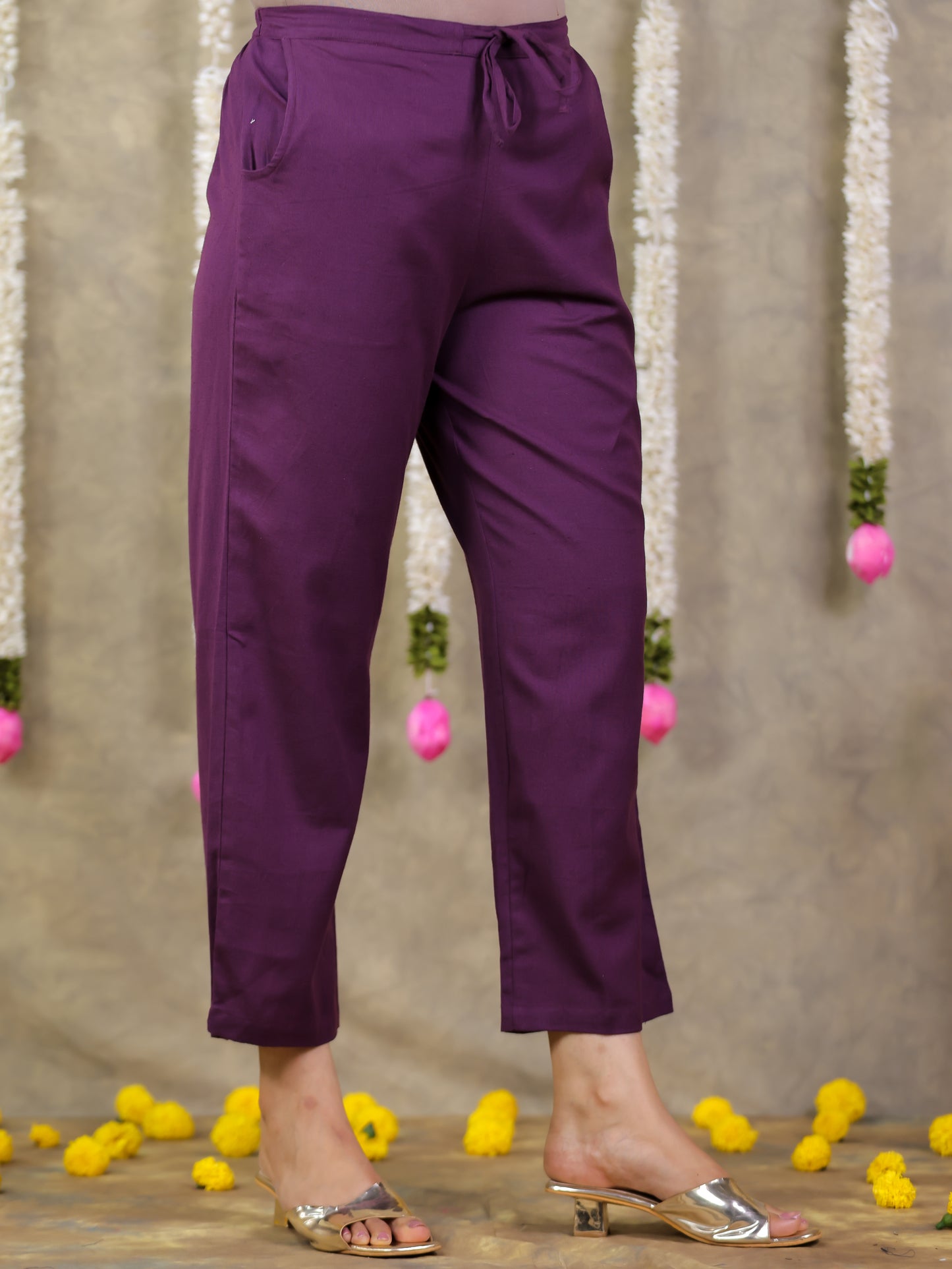 Linen Cotton Solid Purple Straight Trousers