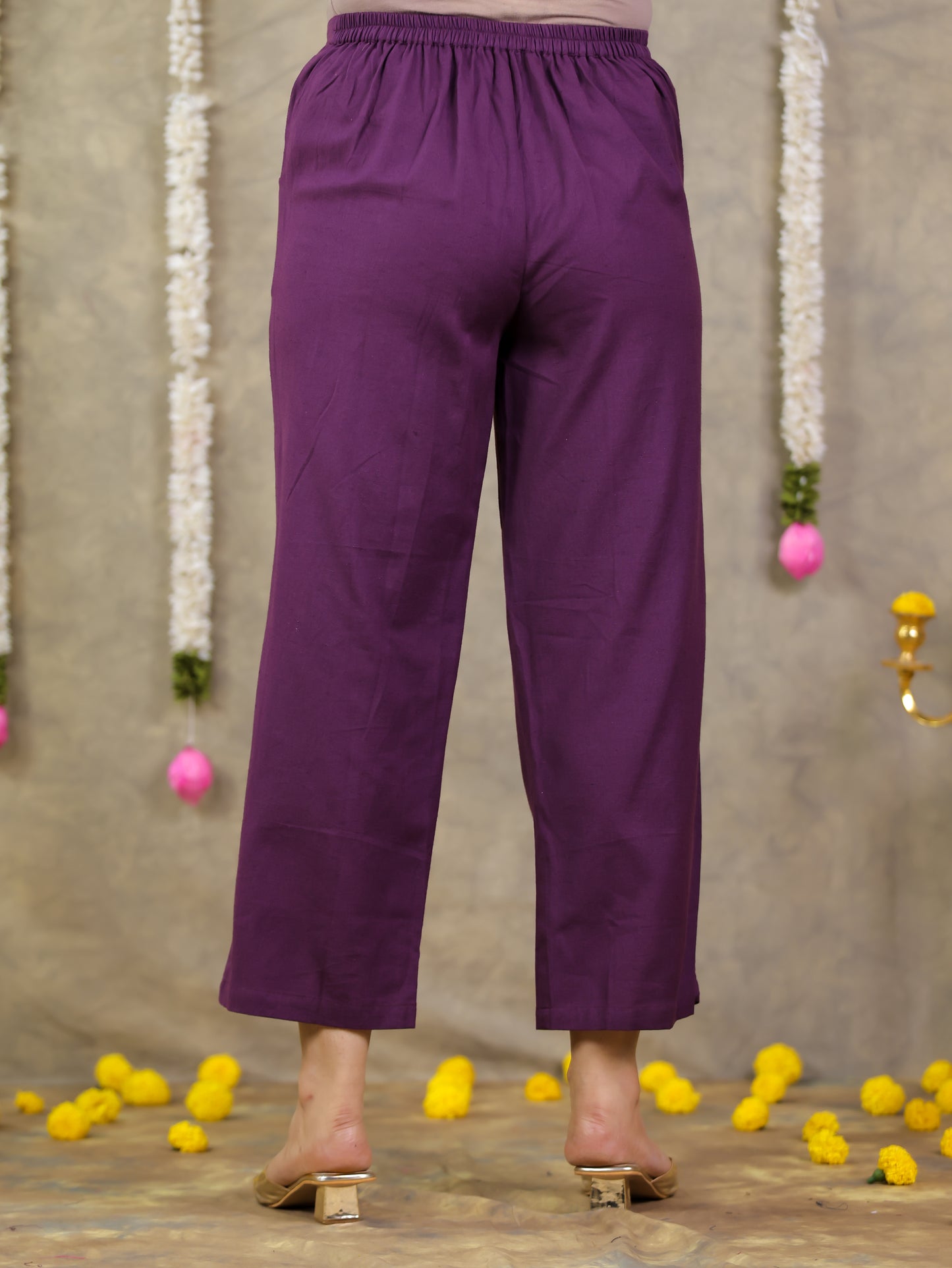 Linen Cotton Solid Purple Straight Trousers