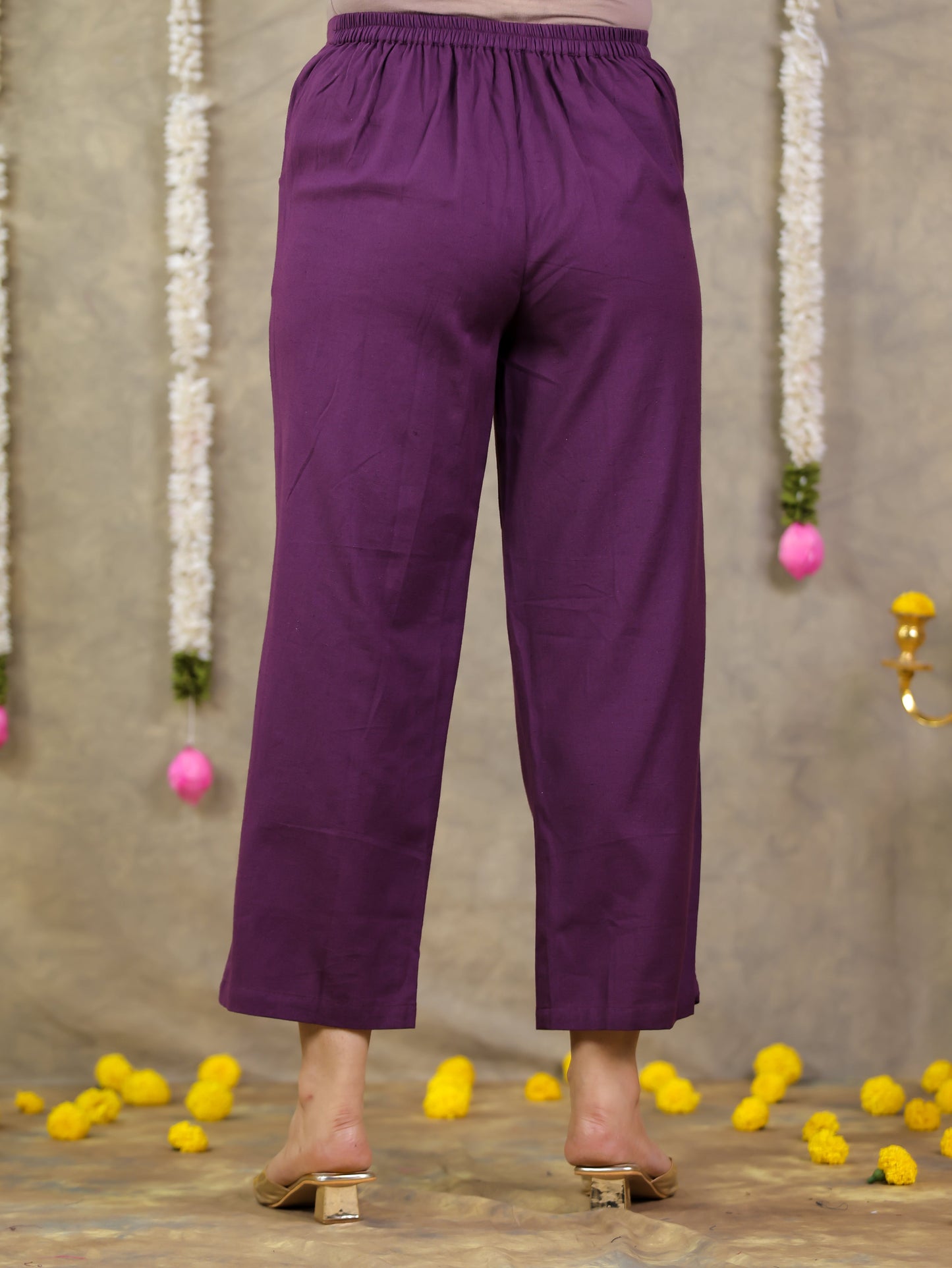 Linen Cotton Solid Purple Straight Trousers