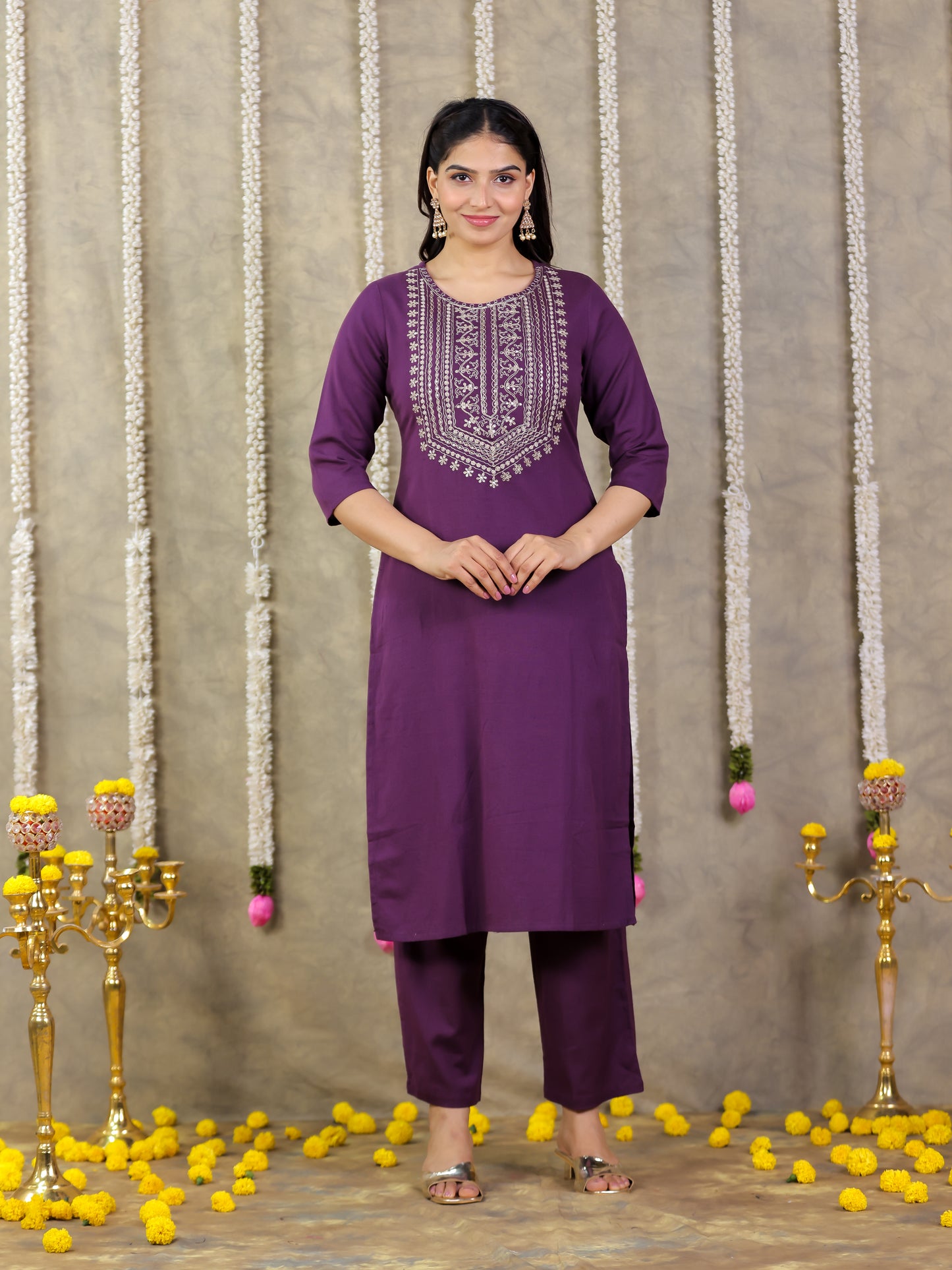 Embroidered Linen Cotton Solid Straight Purple Kurta