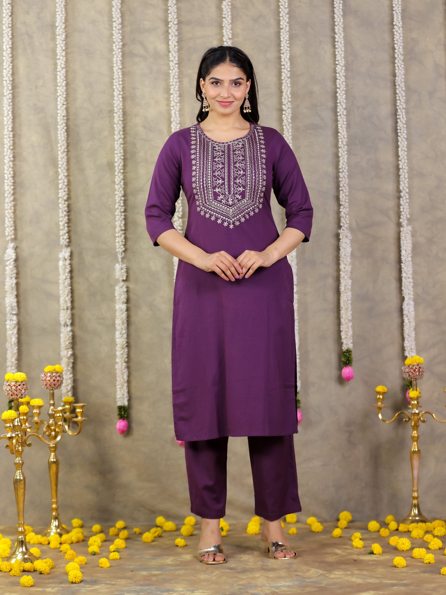 Embroidered Linen Cotton Solid Straight Purple Kurta