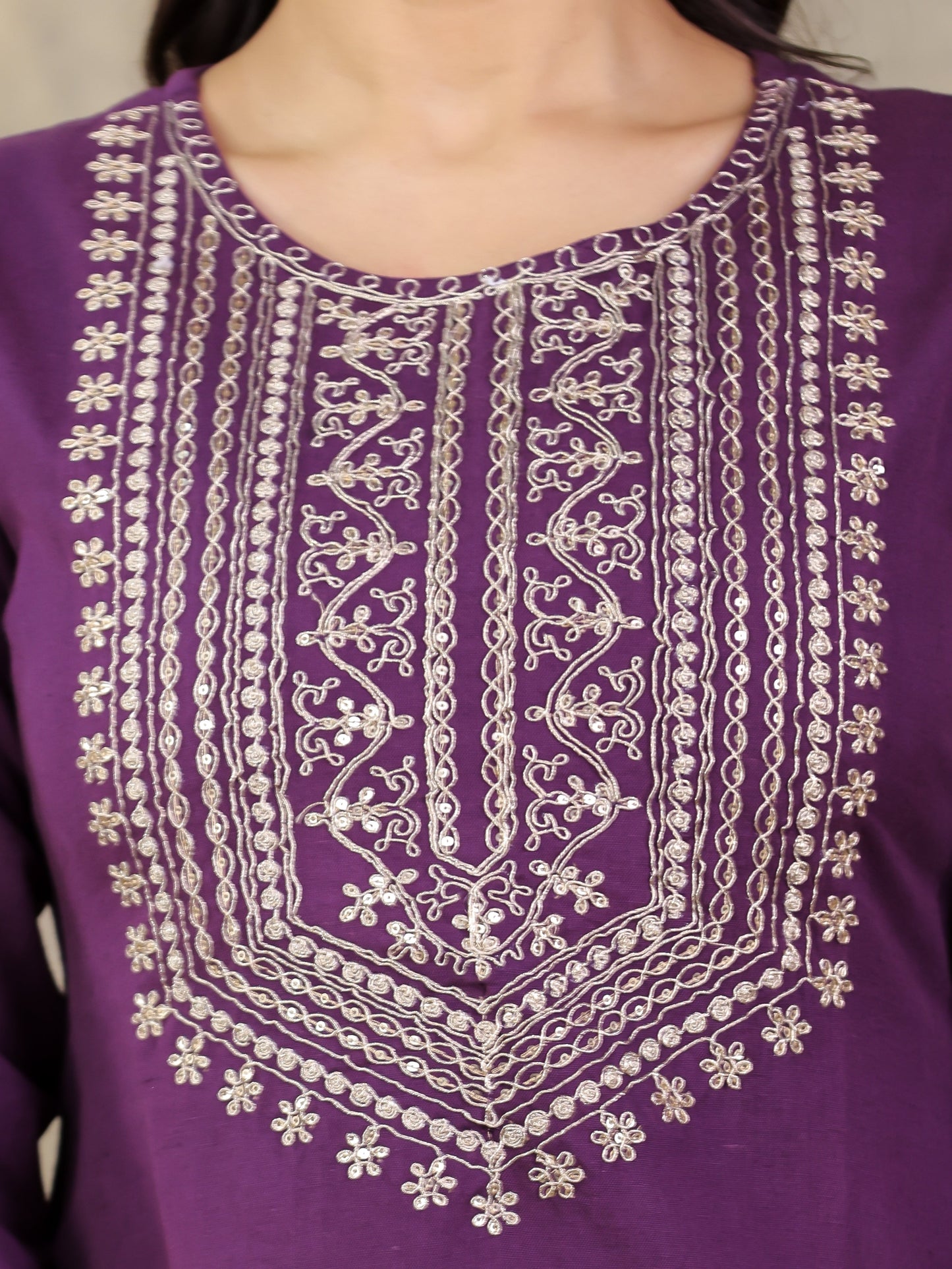 Embroidered Linen Cotton Solid Straight Purple Kurta