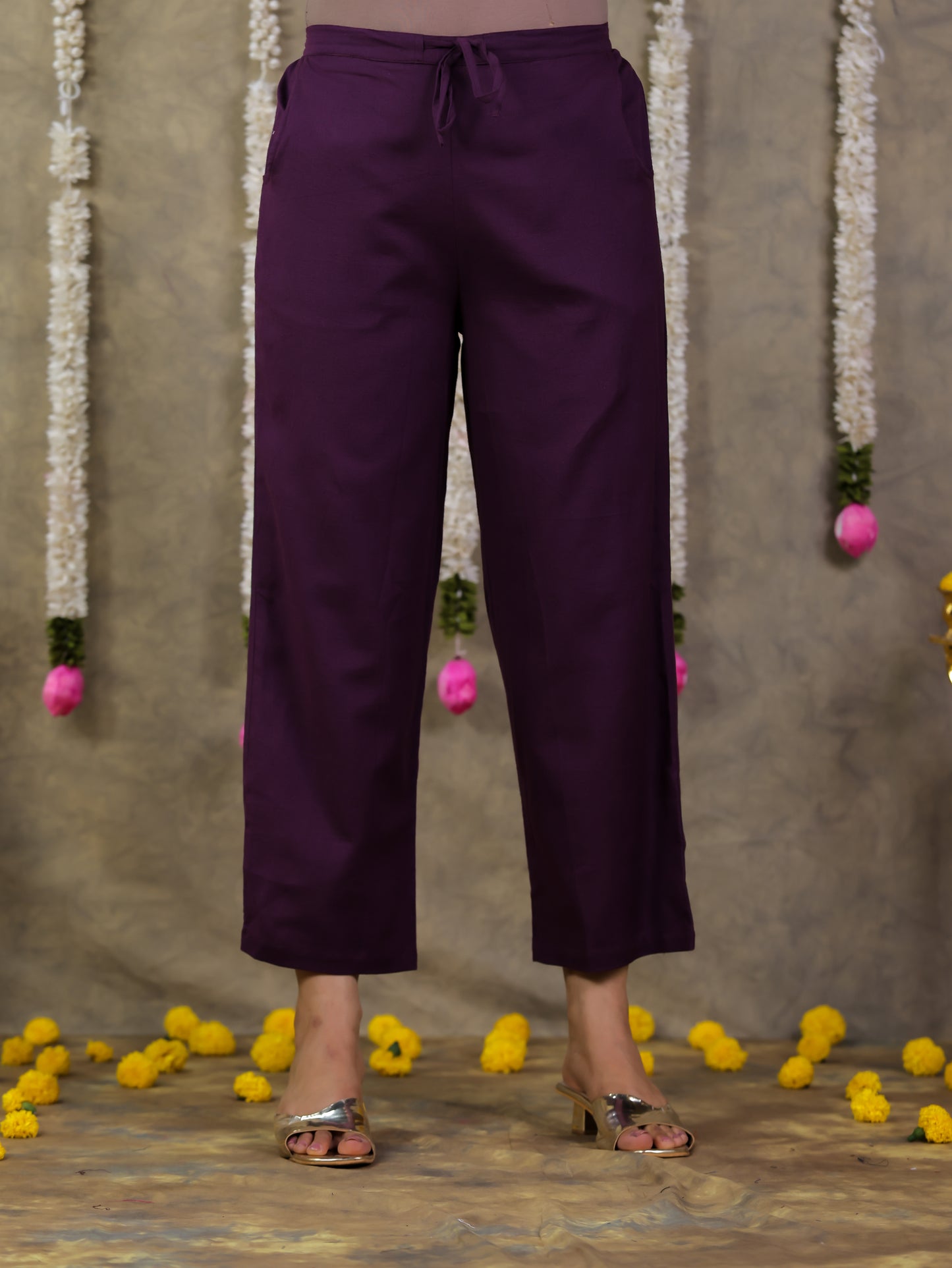 Embroidered Linen Cotton Solid Straight Purple Kurta