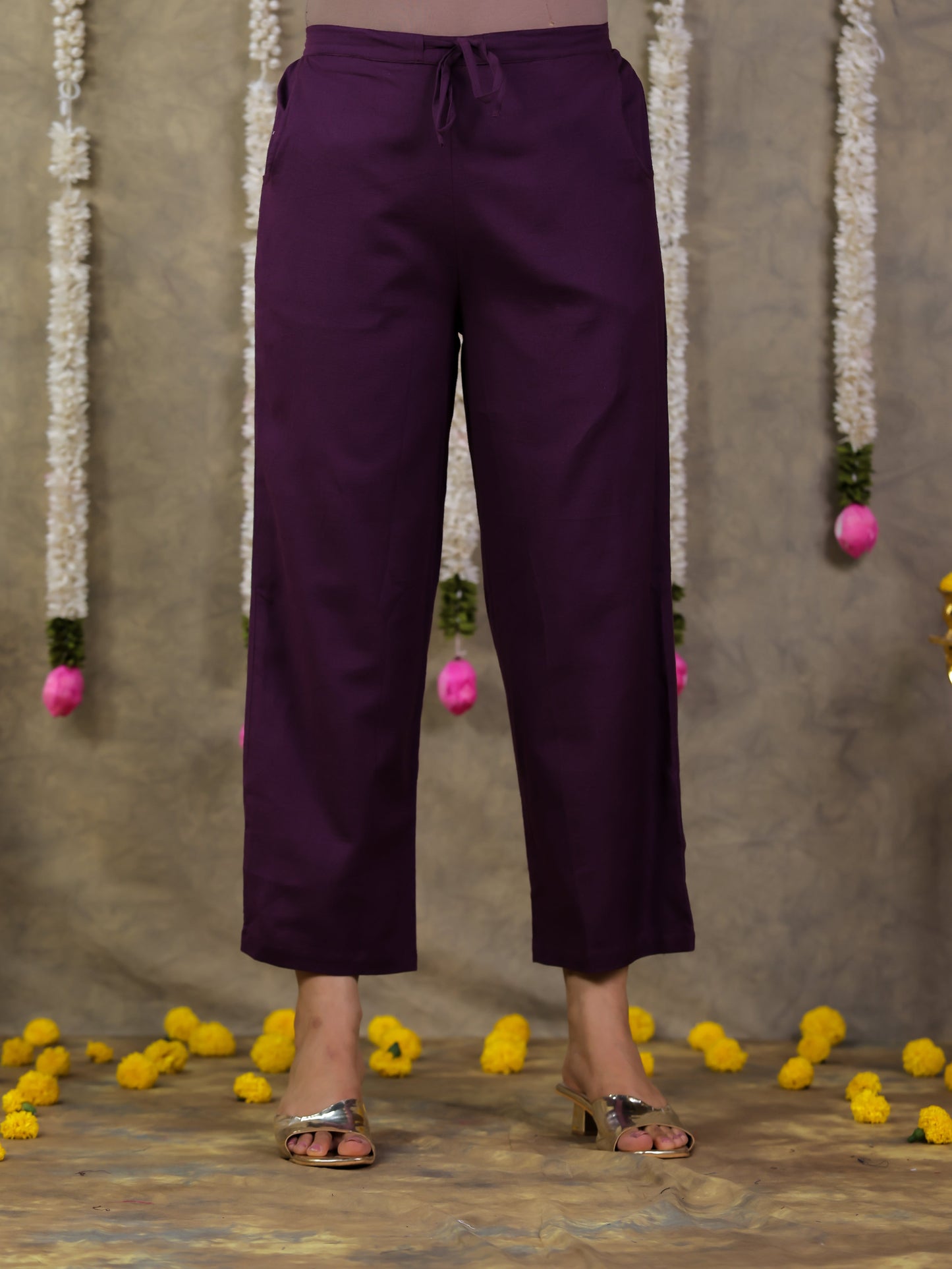 Embroidered Linen Cotton Solid Straight Purple Kurta