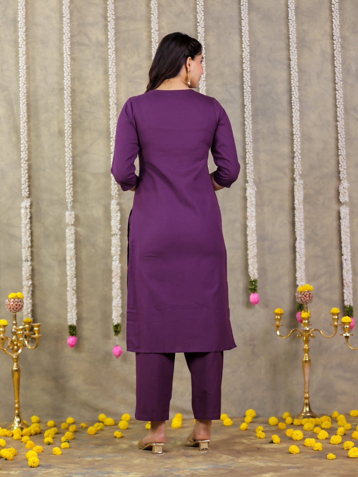 Embroidered Linen Cotton Solid Straight Purple Kurta