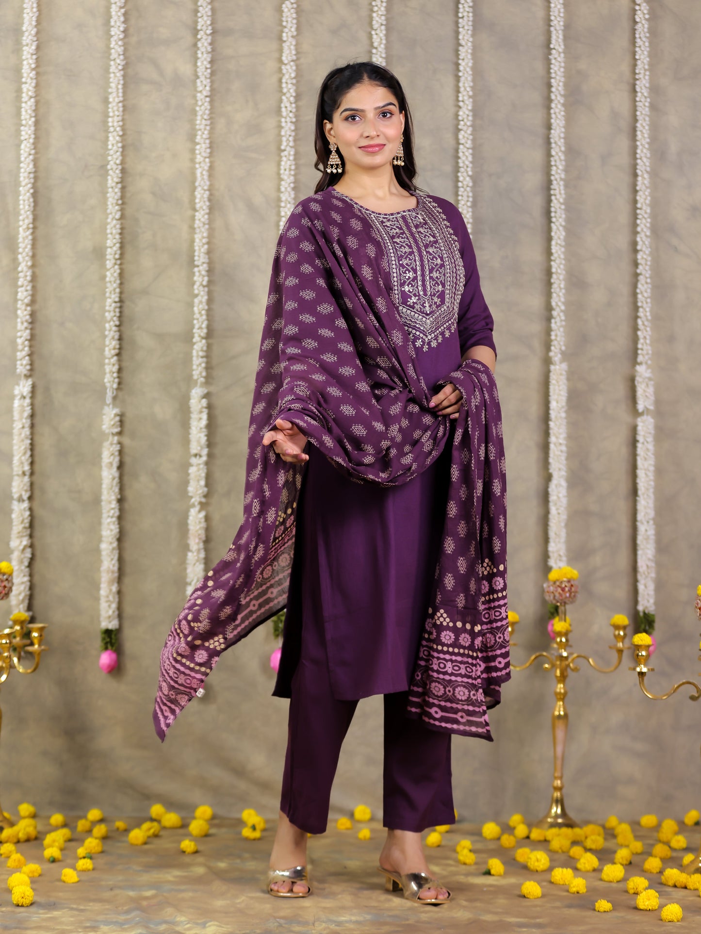 Embroidered Linen Cotton Solid Straight Purple Kurta