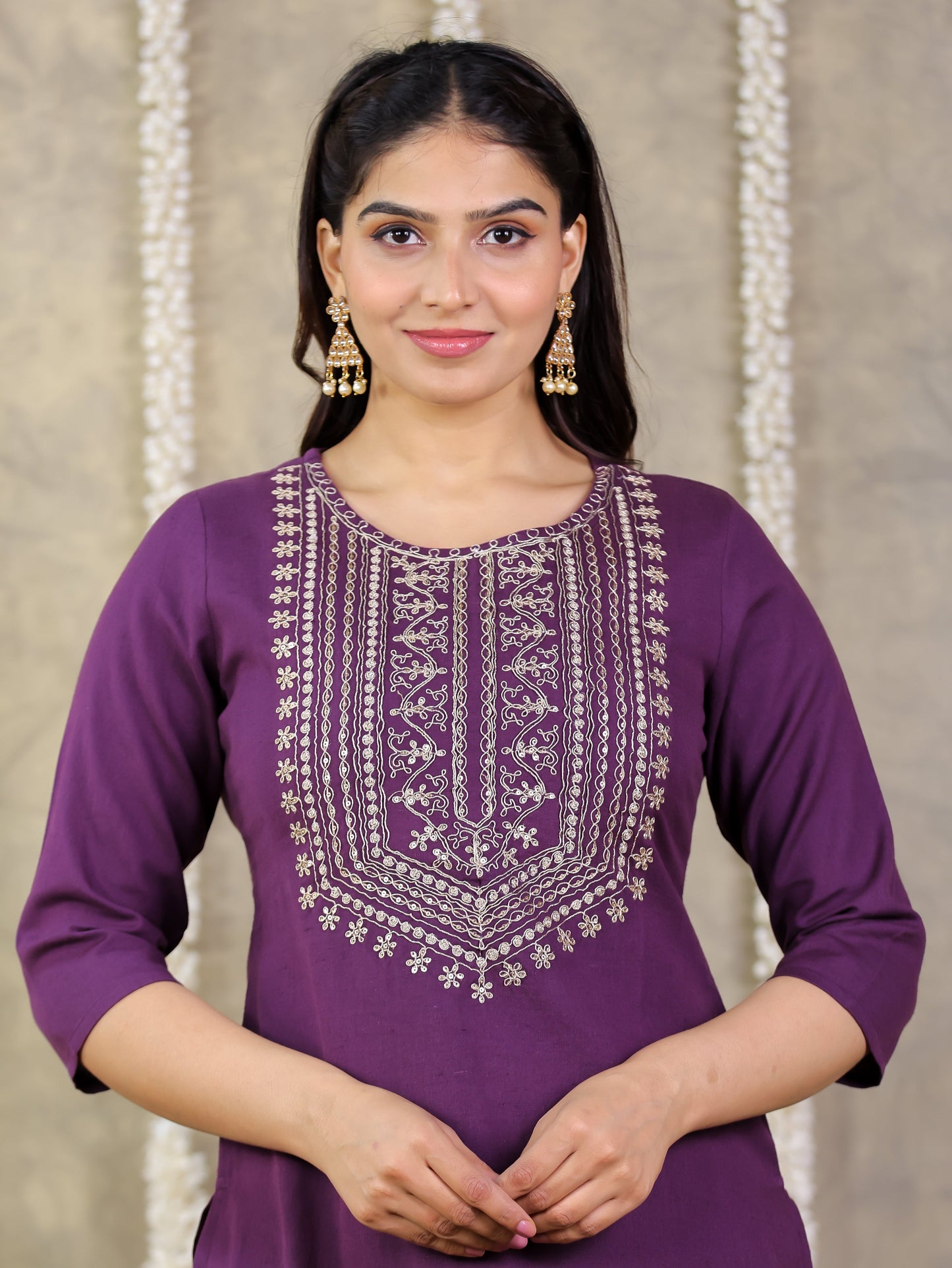 Embroidered Linen Cotton Solid Straight Purple Kurta