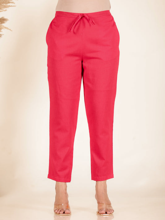Soft Cotton Solid Red Tapered Trousers