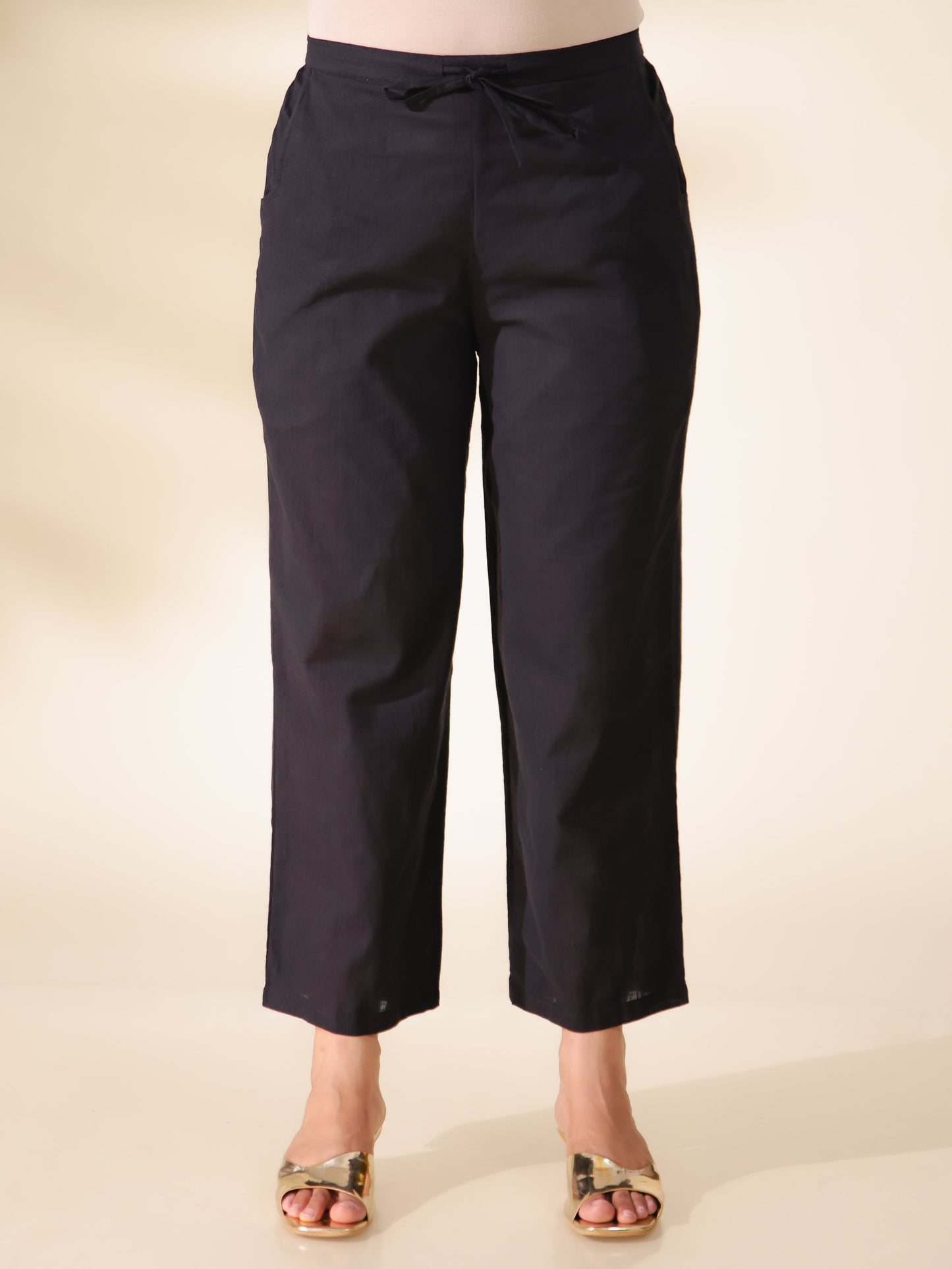 Natural Cotton Solid Black Straight Trousers