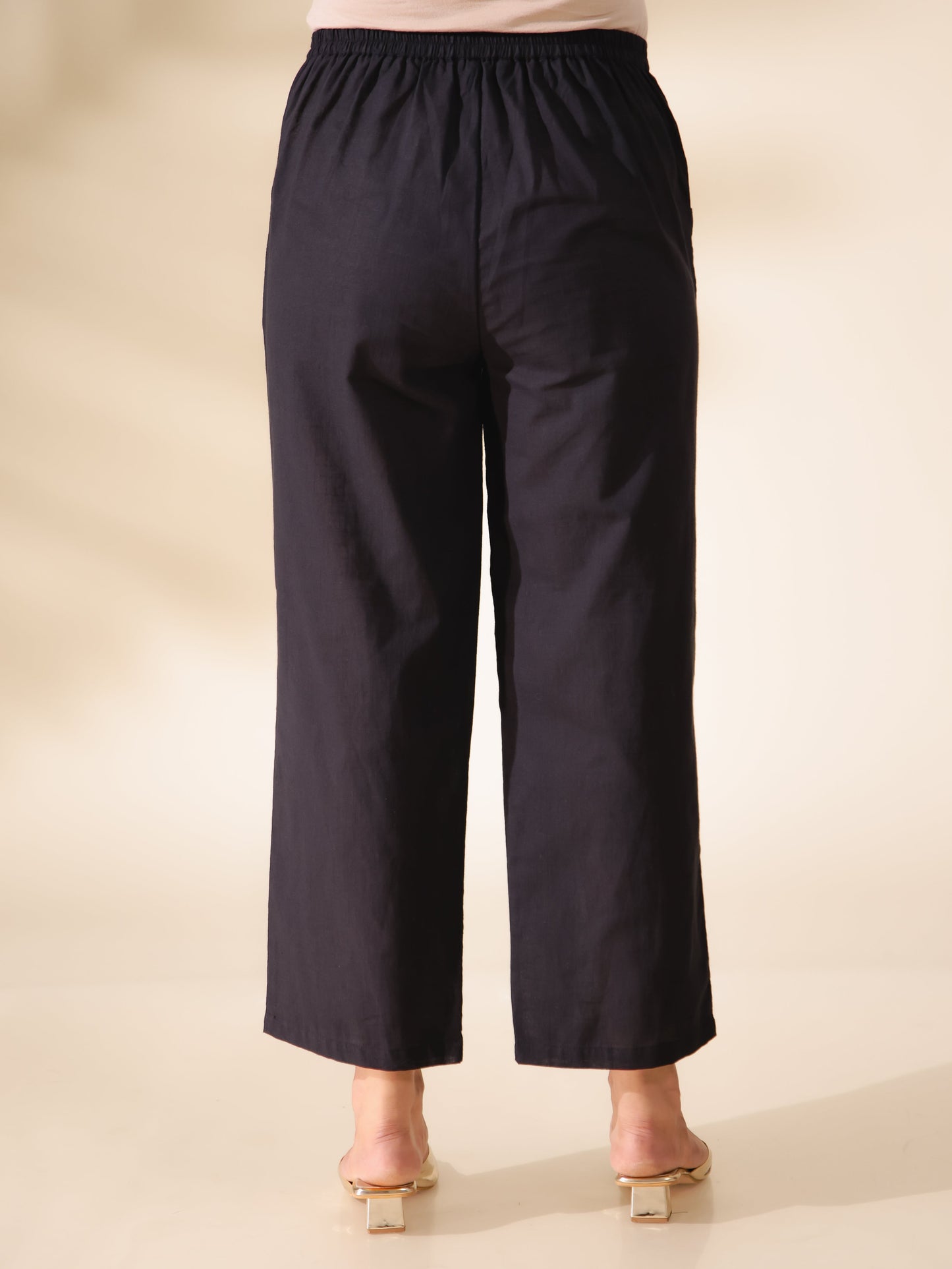 Natural Cotton Solid Black Straight Trousers