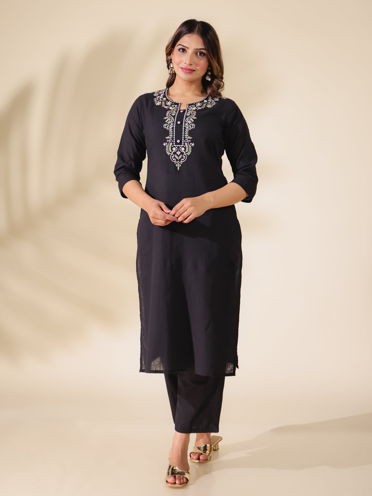 Embroidered Natural Cotton Solid Straight Black Kurta