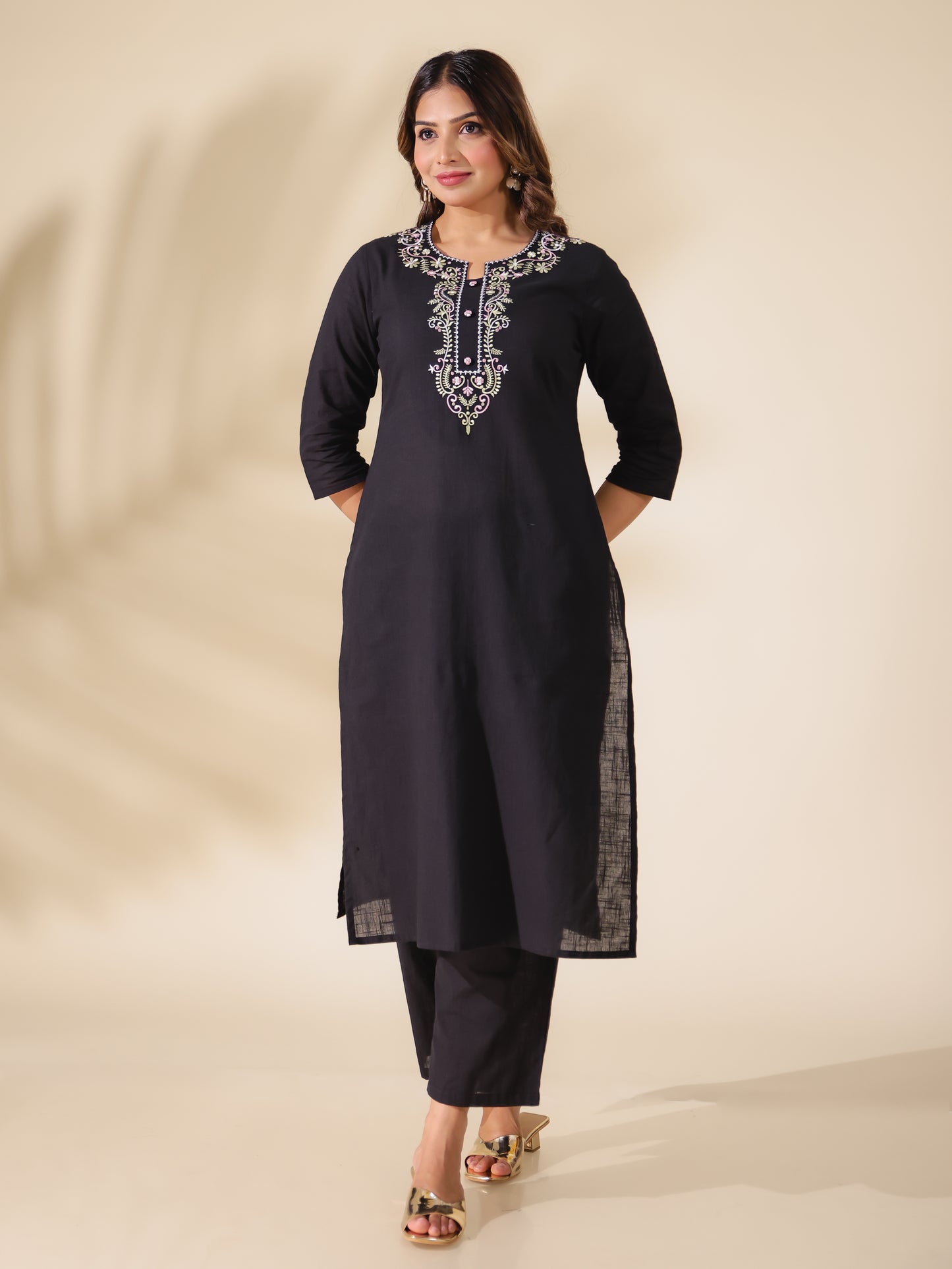 Embroidered Natural Cotton Solid Straight Black Kurta